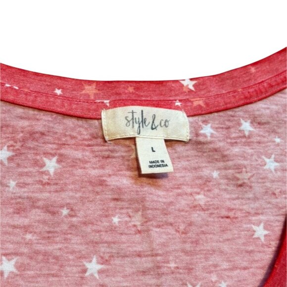 Style & Co Womens V-Neck Stars T-Shirt-Red-Size L-GUC - Picture 3 of 6